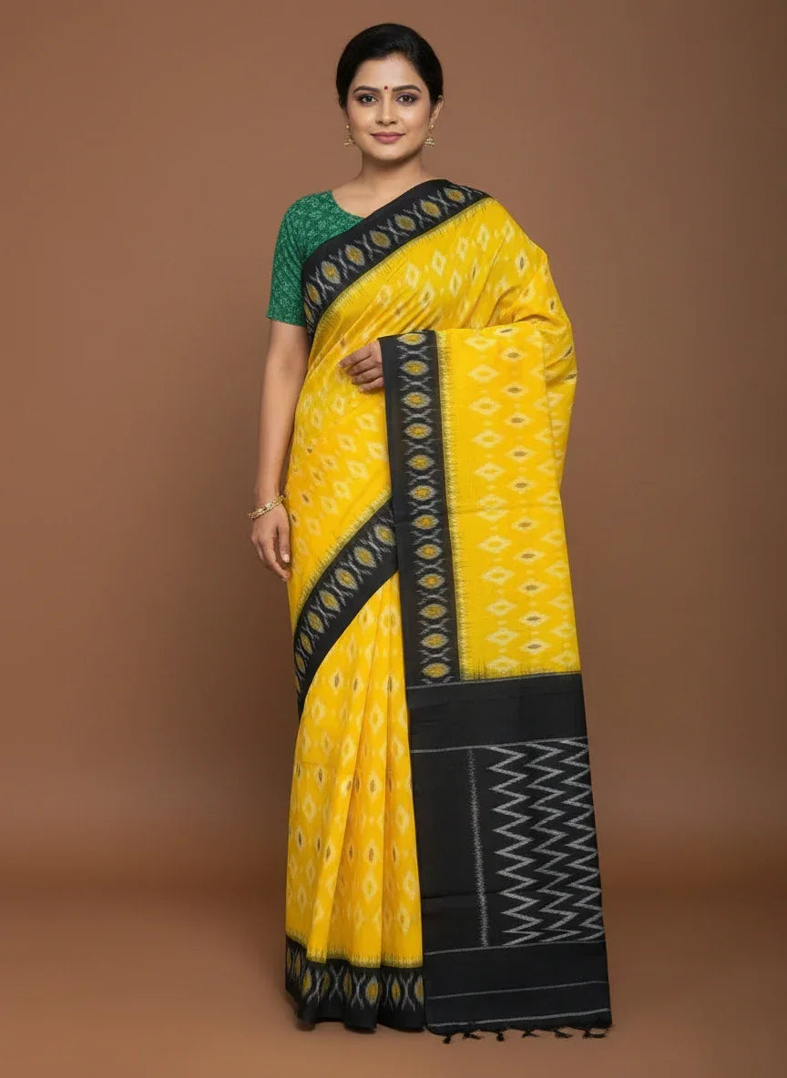 POCHAMPALLY IKKAT COTTON YELLOW BLUE - pochampallysarees.com