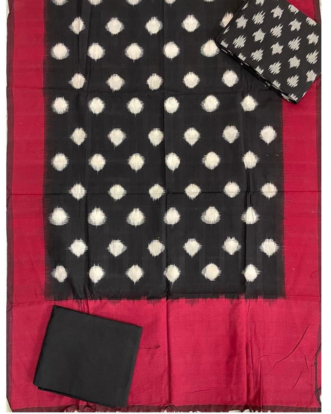 POCHAMPALLY IKKAT DOUBLE IKKAT BLACK WITH RED COLOR DRESS MATERIAL - pochampallysarees.com