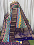 Pochampally Ikkat Kanchi Border Multi Color Navy Blue Sari - pochampallysarees.com