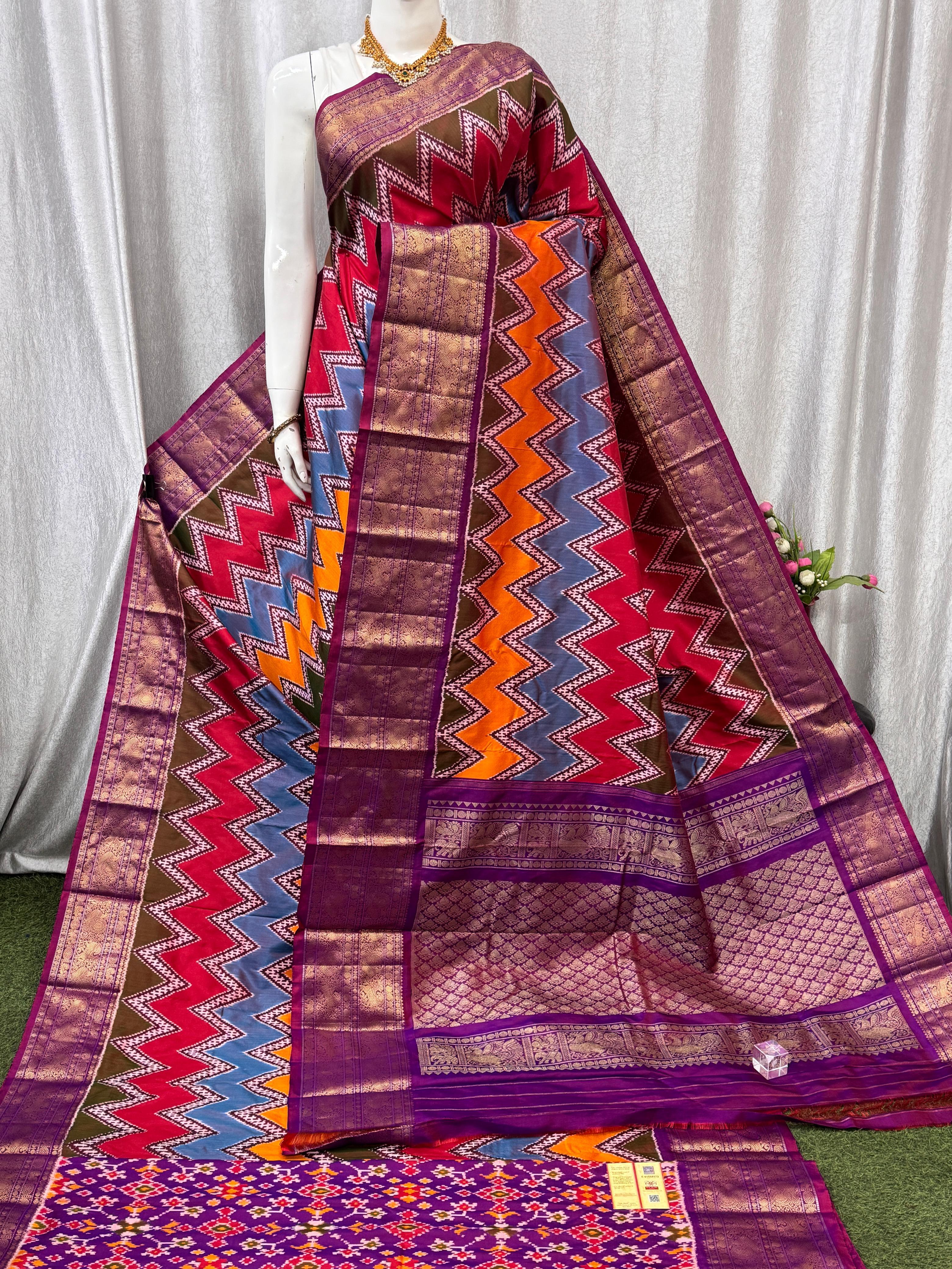 Pochampally Ikkat Kanchi Border Multi Color Purple Sari - pochampallysarees.com