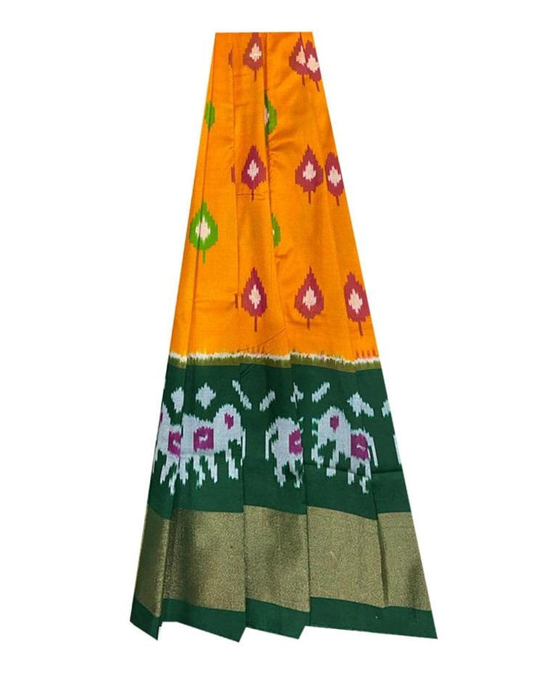 POCHAMPALLY IKKAT KIDS YELLOW WITH GREEN COLOR LEHENGA - pochampallysarees.com