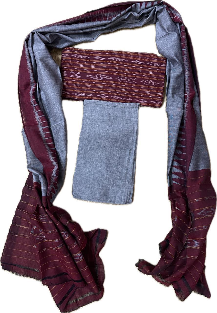 Pochampally Ikkat Salwar Suit Gray With Maroon - pochampallysarees.com