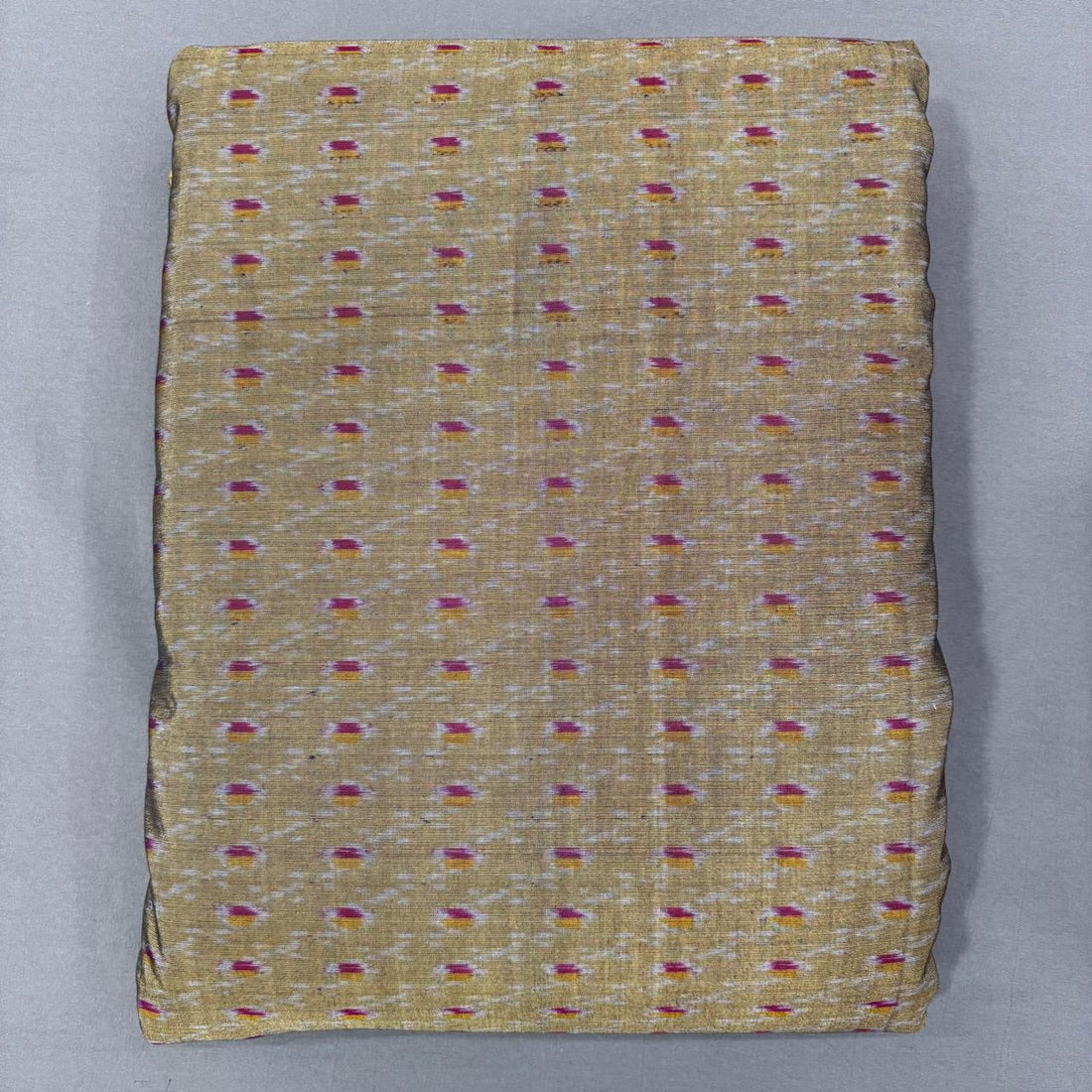 Handwoven Pochampally Ikkat Sico beige gold dress material fabric with all-over pink and yellow buti motifs