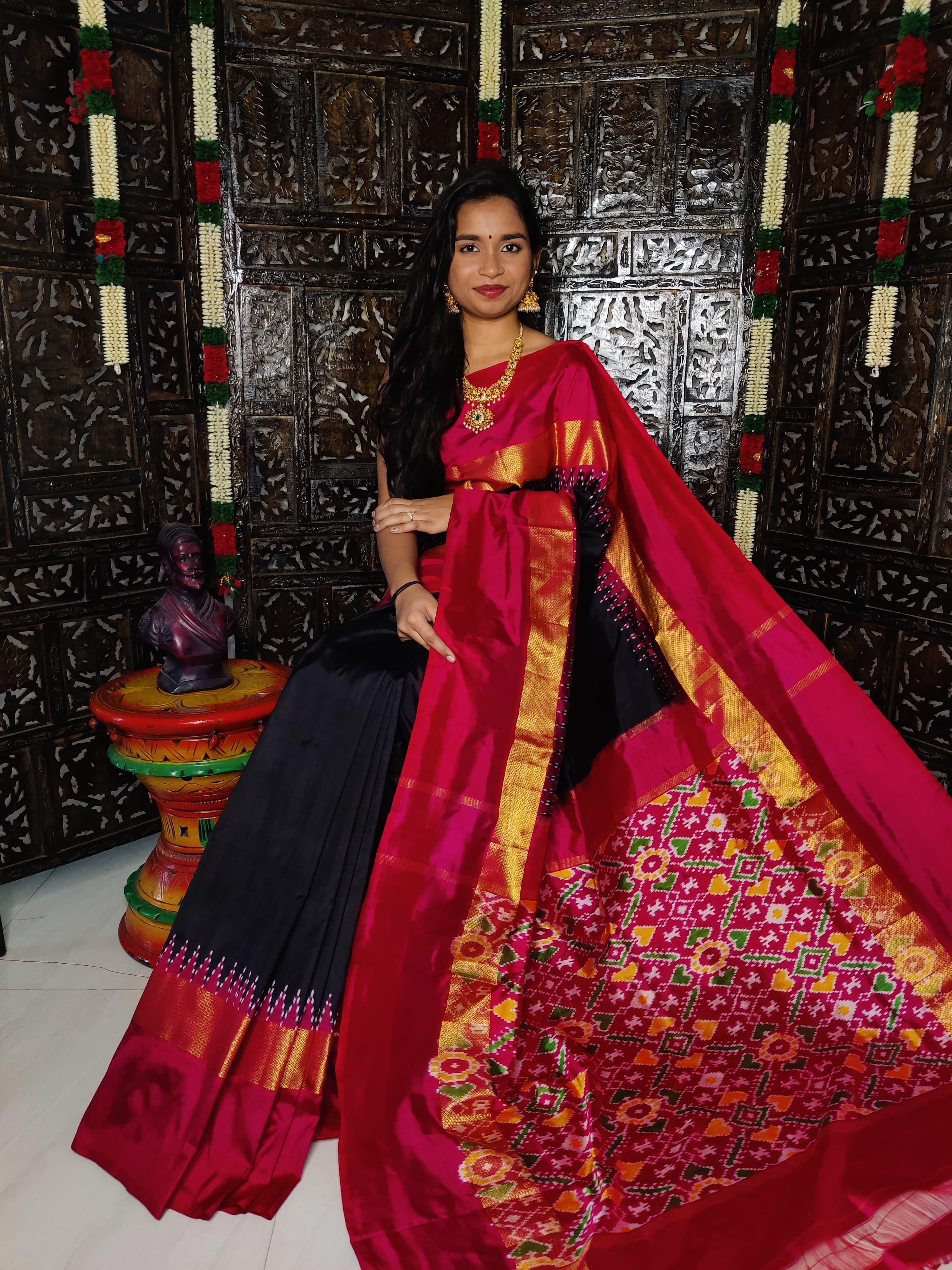 Pochampally Ikkat silk Black Red - pochampallysarees.com