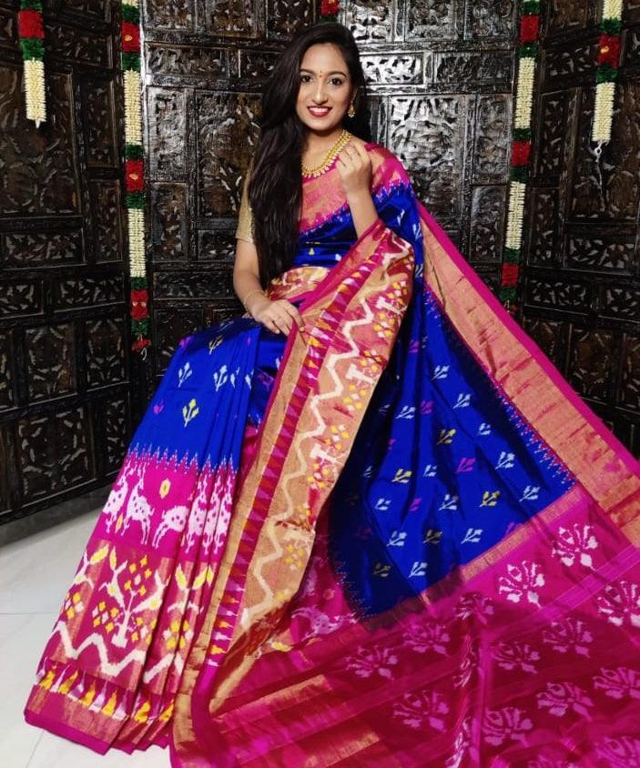 Pochampally Ikkat Silk Blue Pink - pochampallysarees.com