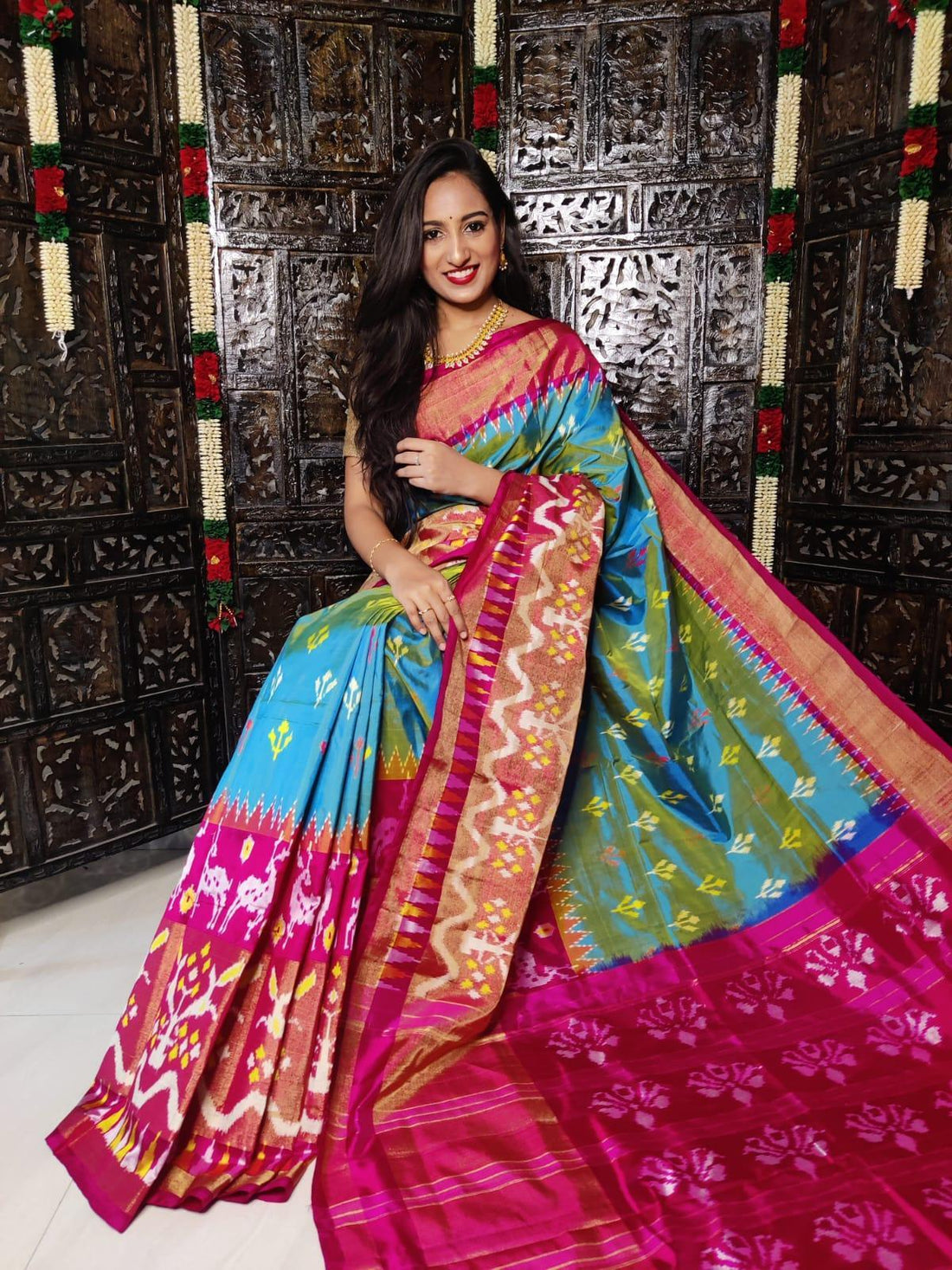 Pochampally Ikkat Silk Blue Pink Saree - pochampallysarees.com