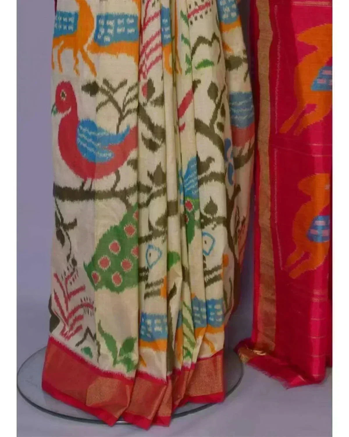 Pochampally Ikkat Silk Cream Pink - pochampallysarees.com