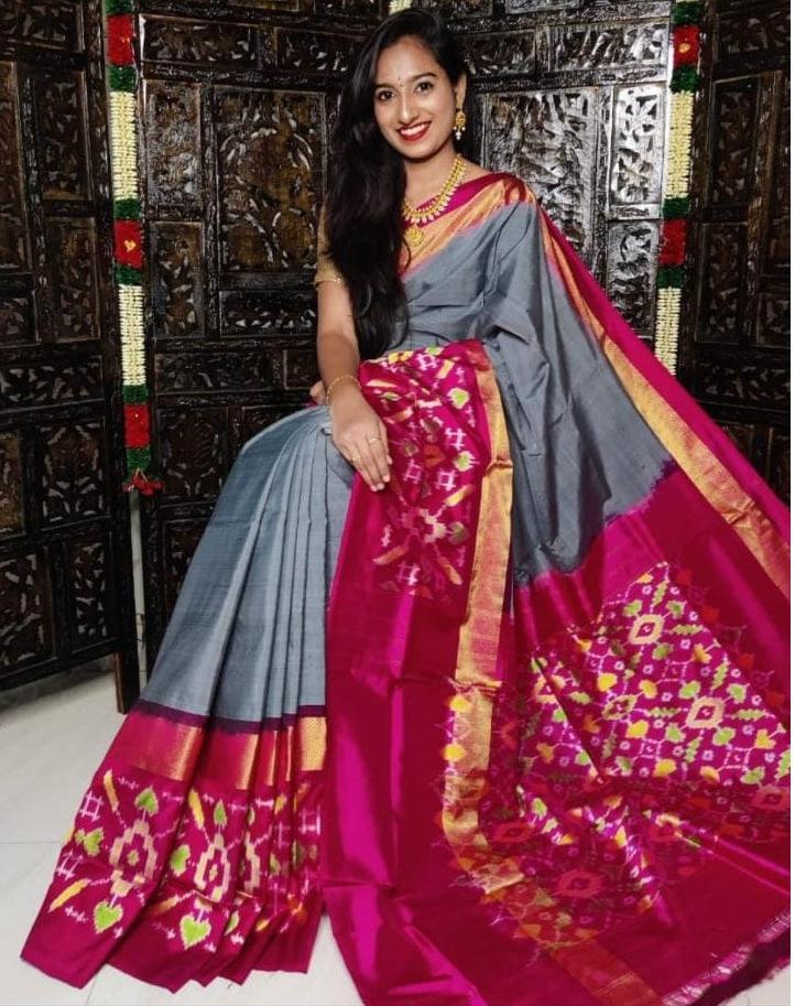 Pochampally Ikkat Silk Gray Pink - pochampallysarees.com