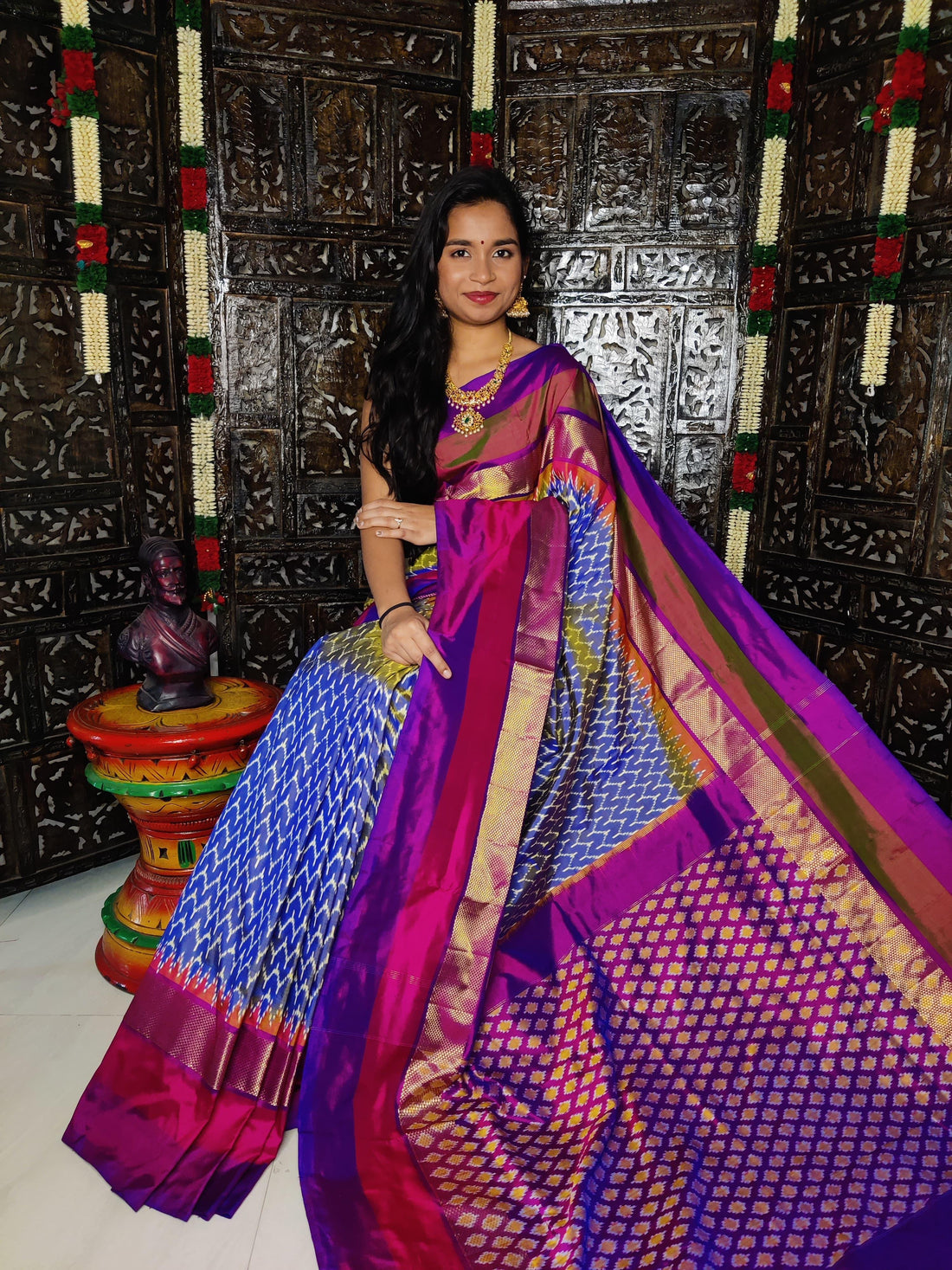 Pochampally Ikkat Silk Light Blue Purple - pochampallysarees.com