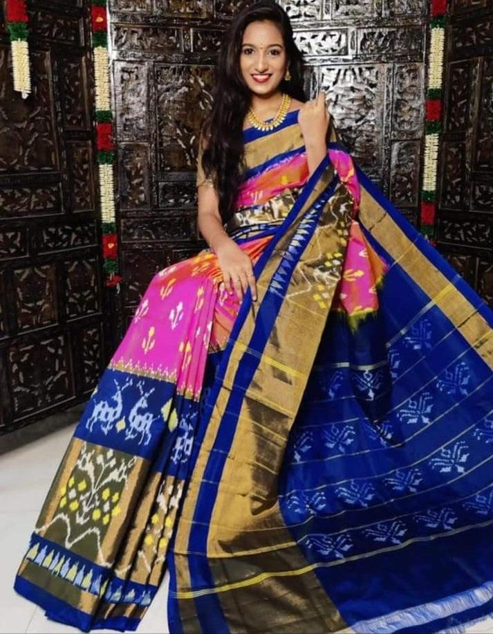 Pochampally Ikkat Silk Pink Blue Sari - pochampallysarees.com