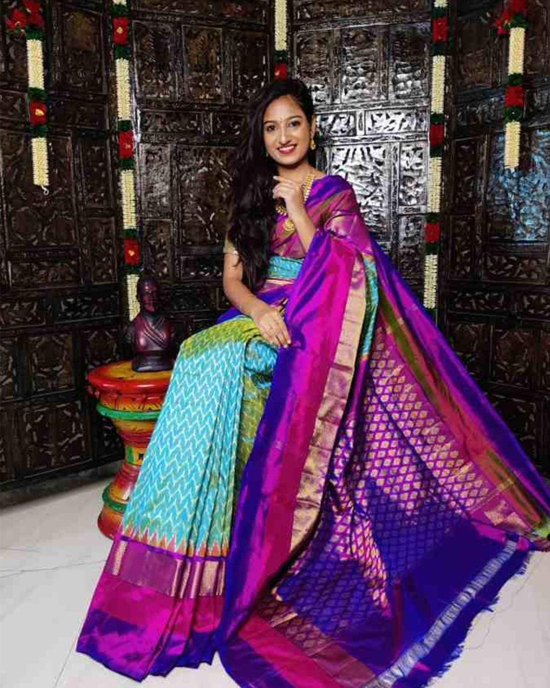 POCHAMPALLY IKKAT SILK SAREE BLUE WITH PURPLE COLOR - pochampallysarees.com