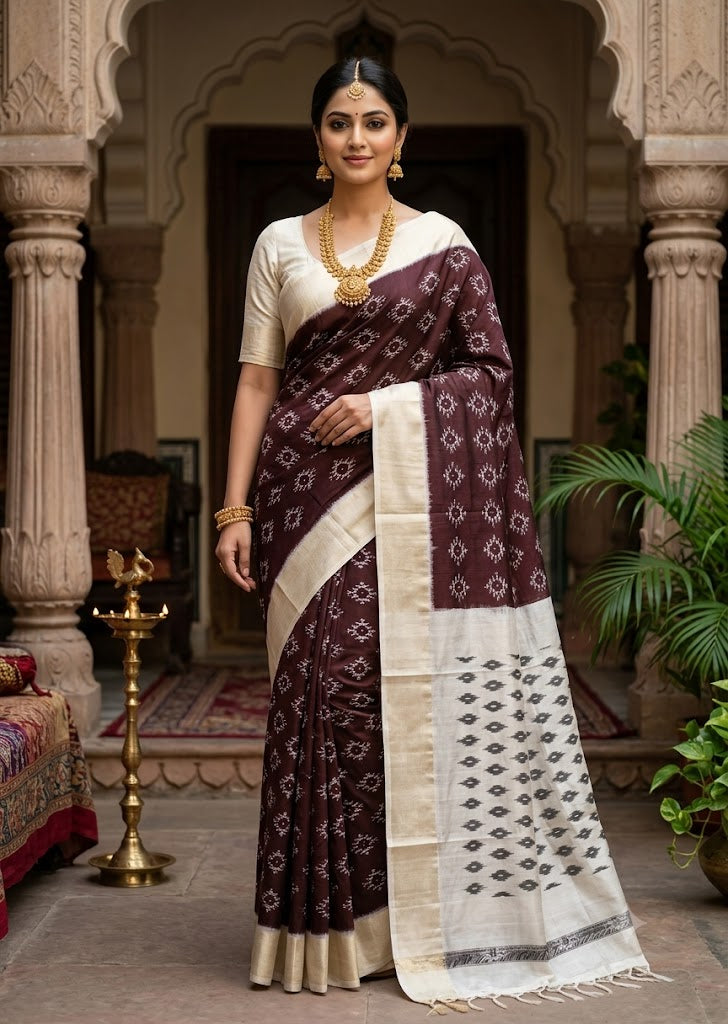 Model wearing a premium coffee brown and cream Pochampally Ikkat silk saree with gold jewelry in a traditional courtyard