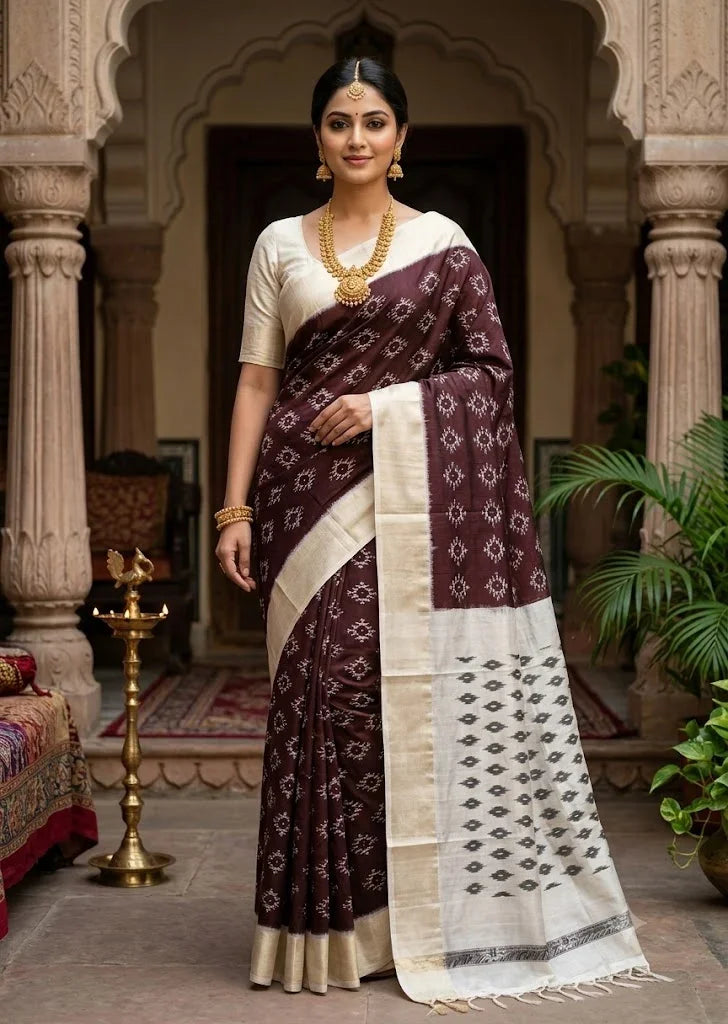 Model wearing a premium coffee brown and cream Pochampally Ikkat silk saree with gold jewelry in a traditional courtyard