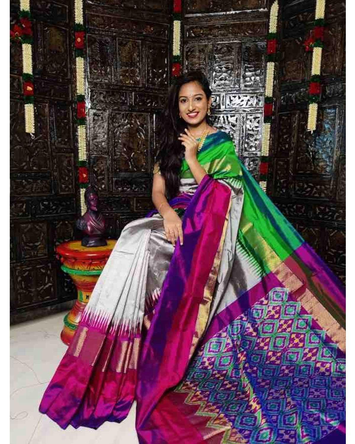 Buy POCHAMPALLY IKKAT SILK SAREE GRAY WITH PURPLE COLOR Online