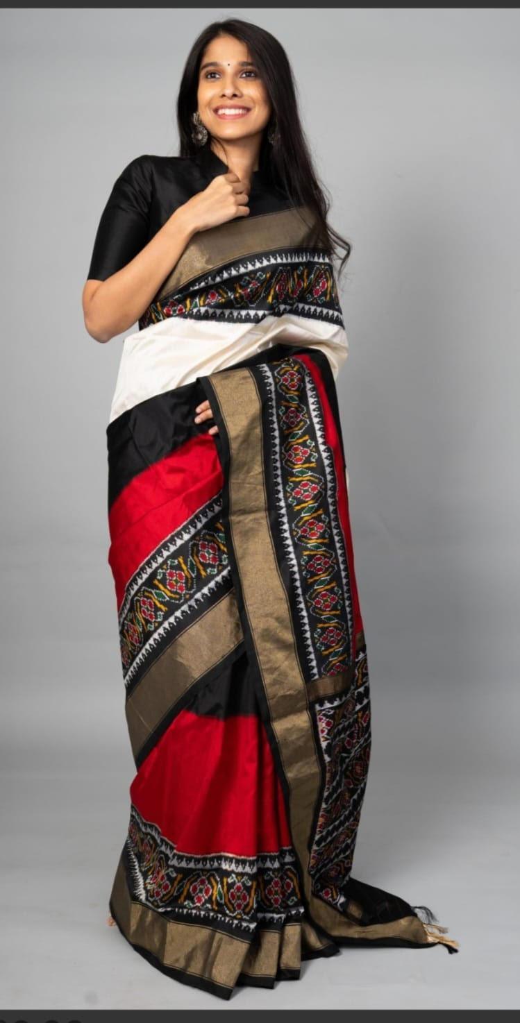 Pochampally Ikkat Silk White Red Black - pochampallysarees.com