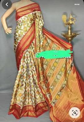 Pochampally Ikkat Silk white Red Saree - pochampallysarees.com