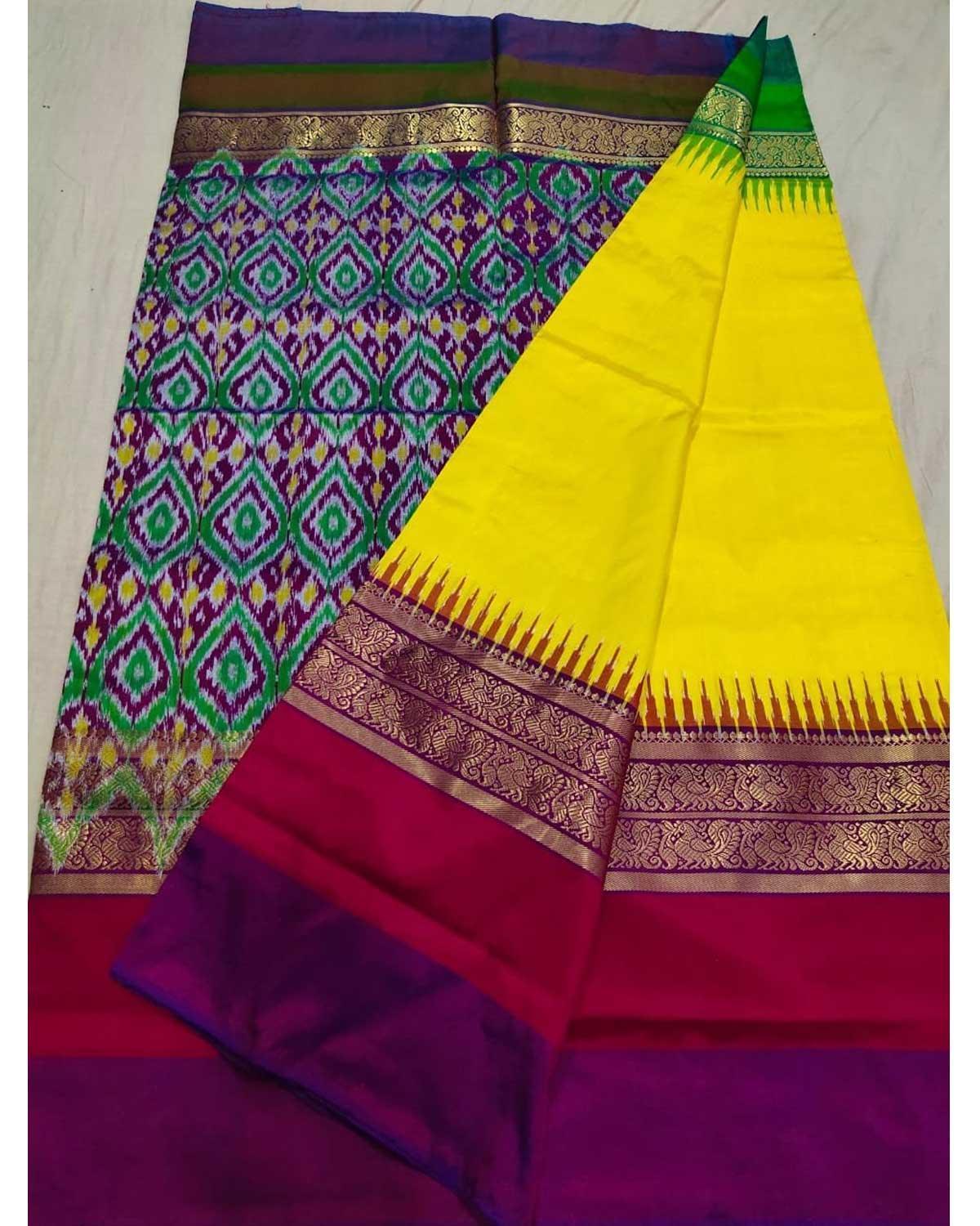POCHAMPALLY IKKAT SILK YELLOW WITH PURPLE COLOR SAREE - pochampallysarees.com
