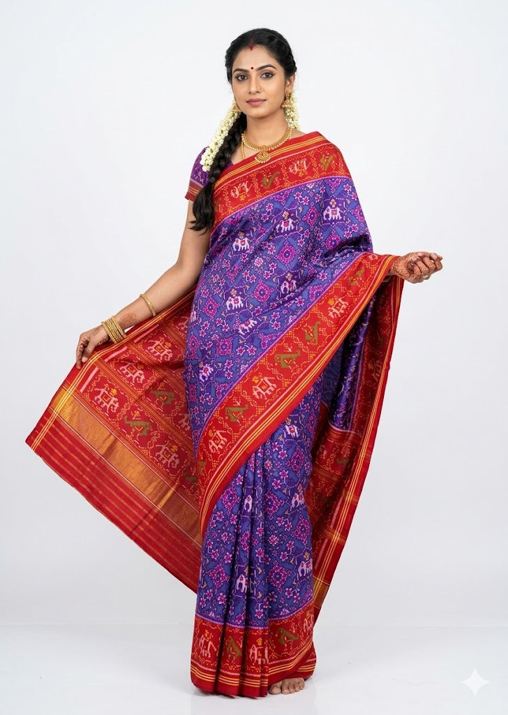 A beautiful Indian woman standing against a white backdrop, elegantly draped in a pure Patola silk saree. She is showcasing the saree&