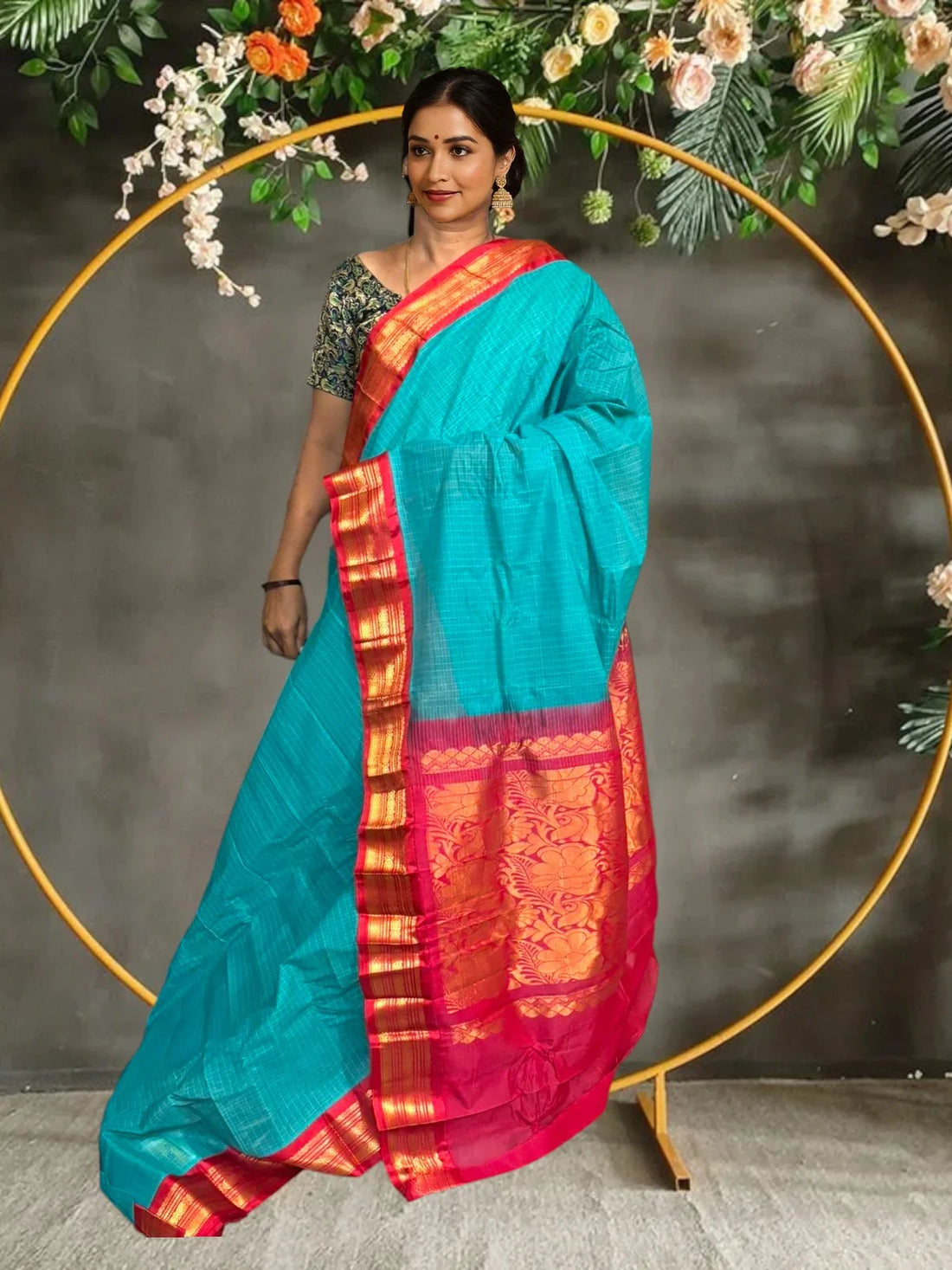 PURE GADWAL COTTON ANANDA BLUE SARI - pochampallysarees.com