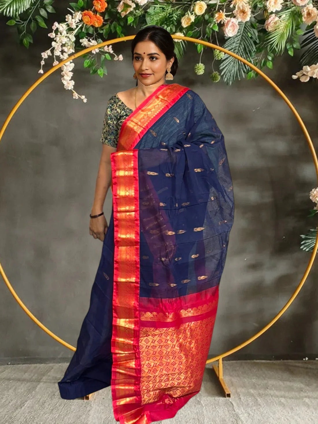 PURE GADWAL COTTON NAVY BLUE SARI - pochampallysarees.com