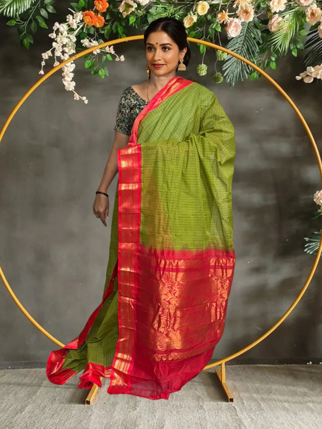 PURE GADWAL COTTON OLIVE GREEN RED SARI - pochampallysarees.com