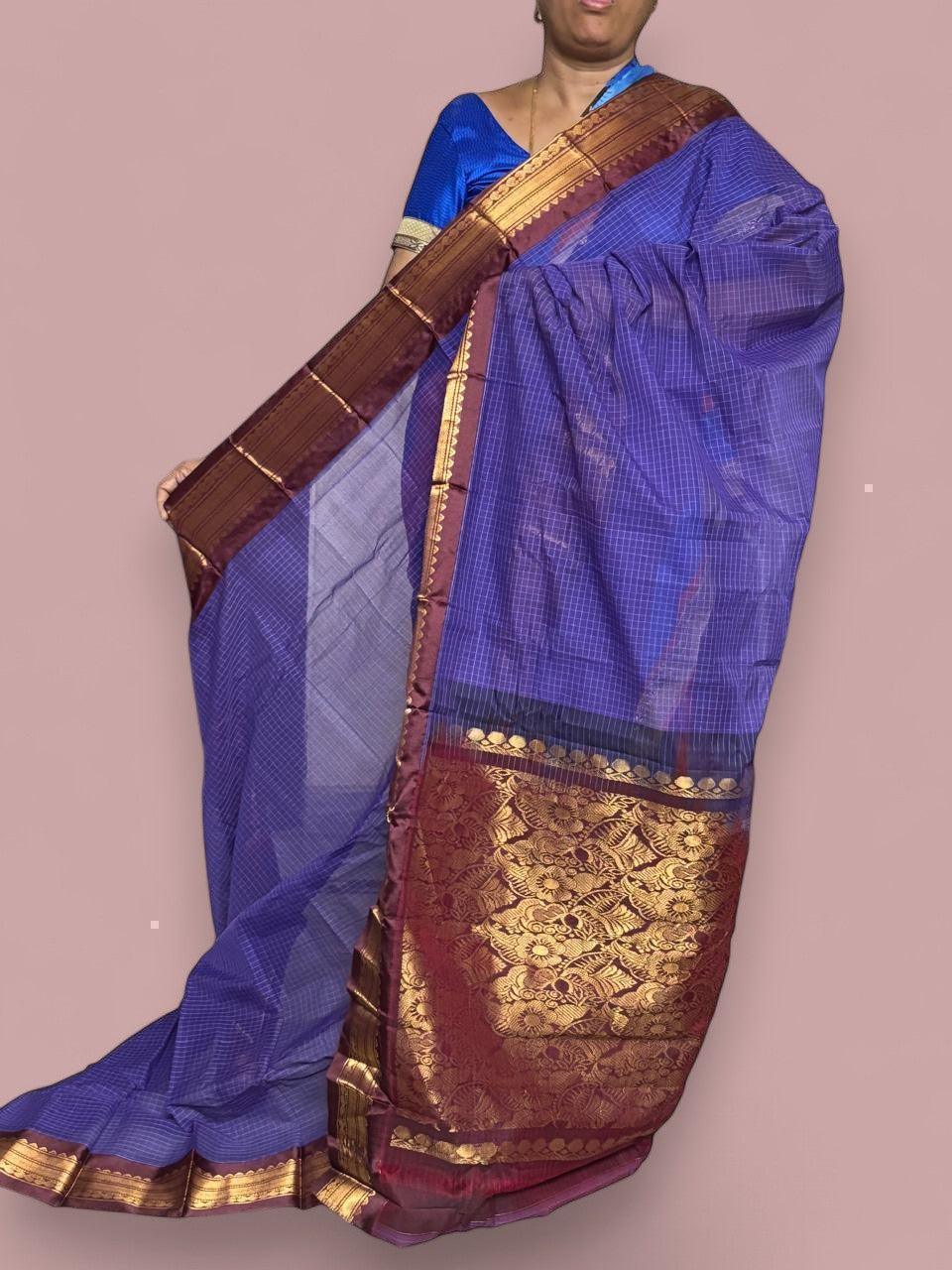 Pure Gadwal Cotton Sari Blue Chocolet Online In Hyderabad - pochampallysarees.com