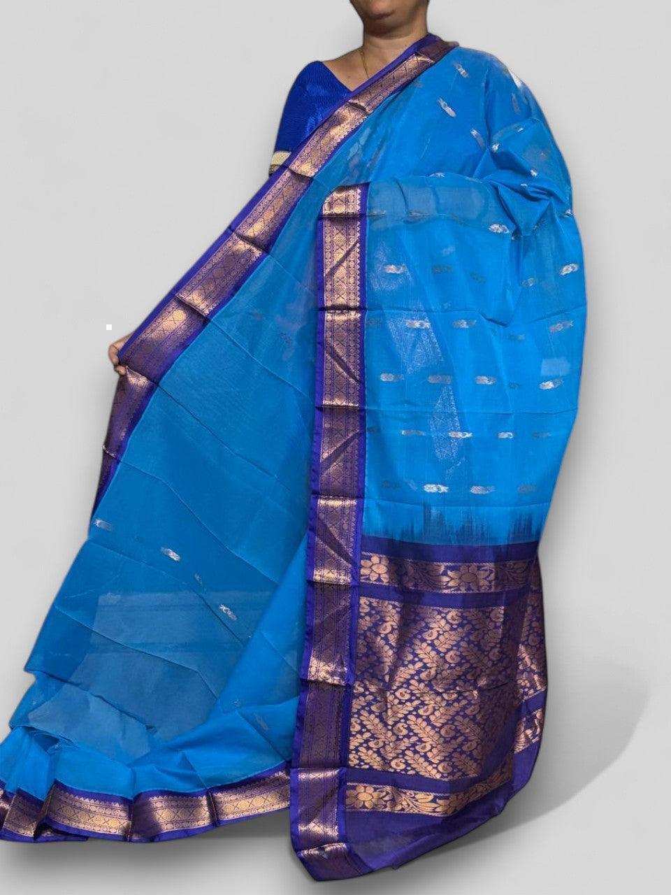 Pure Gadwal Cotton Sari Blue Navyblue - pochampallysarees.com