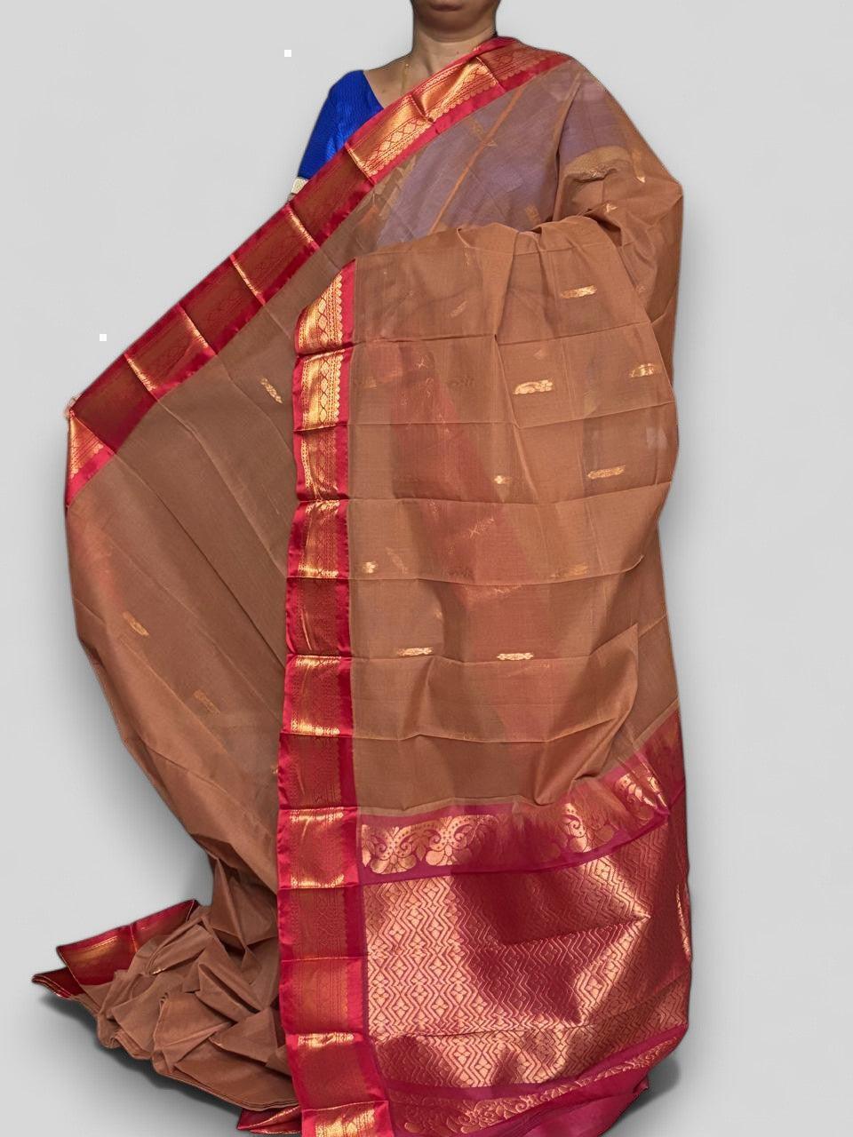 Pure Gadwal Cotton Sari Brown Red - pochampallysarees.com