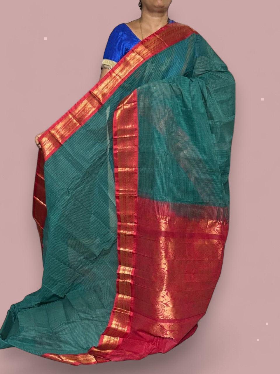 Pure Gadwal Cotton Sari Green Red Online In Hyderabad - pochampallysarees.com
