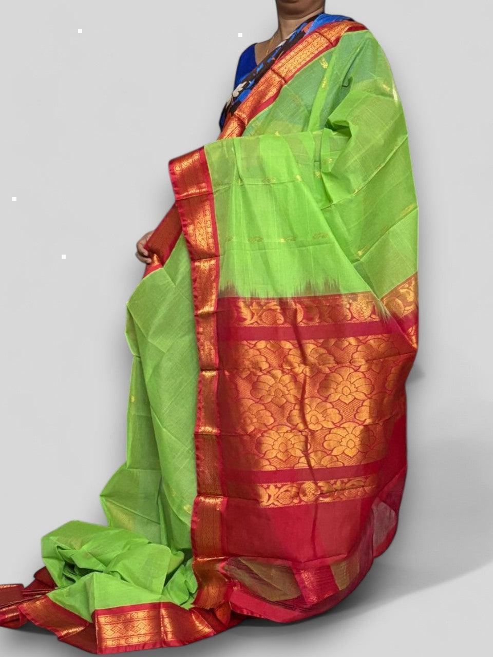 Pure Gadwal Cotton Sari Green Red - pochampallysarees.com