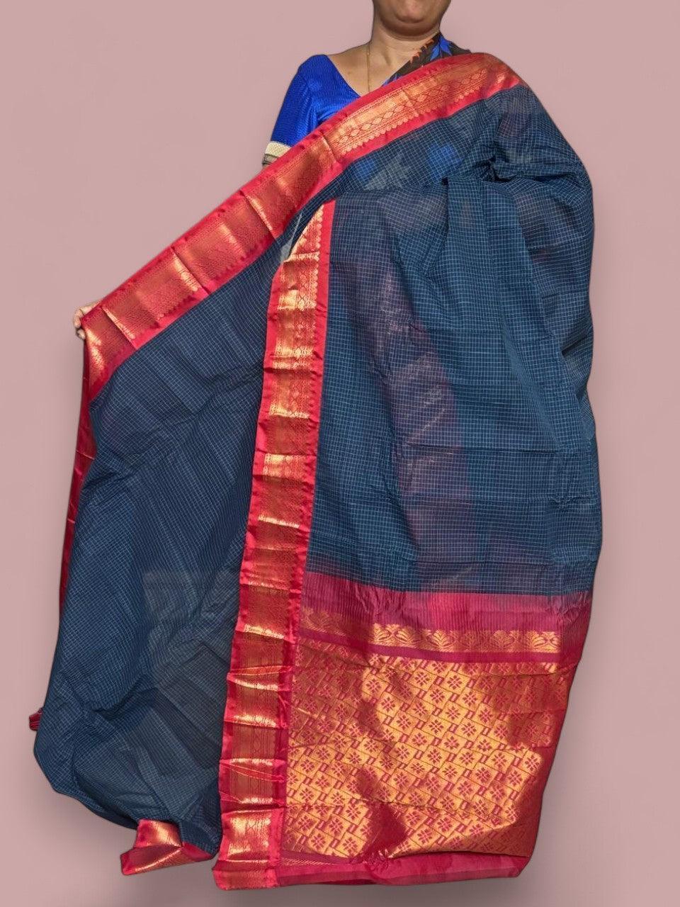 Pure Gadwal Cotton Sari Navy Blue Red Online In Hyderabad - pochampallysarees.com