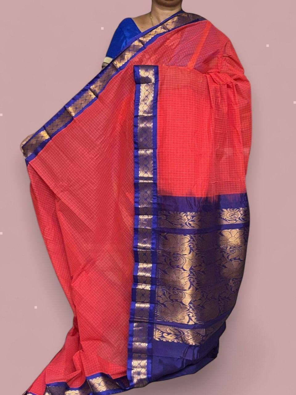 Pure Gadwal Cotton Sari Red Blue Online In Hyderabad - pochampallysarees.com