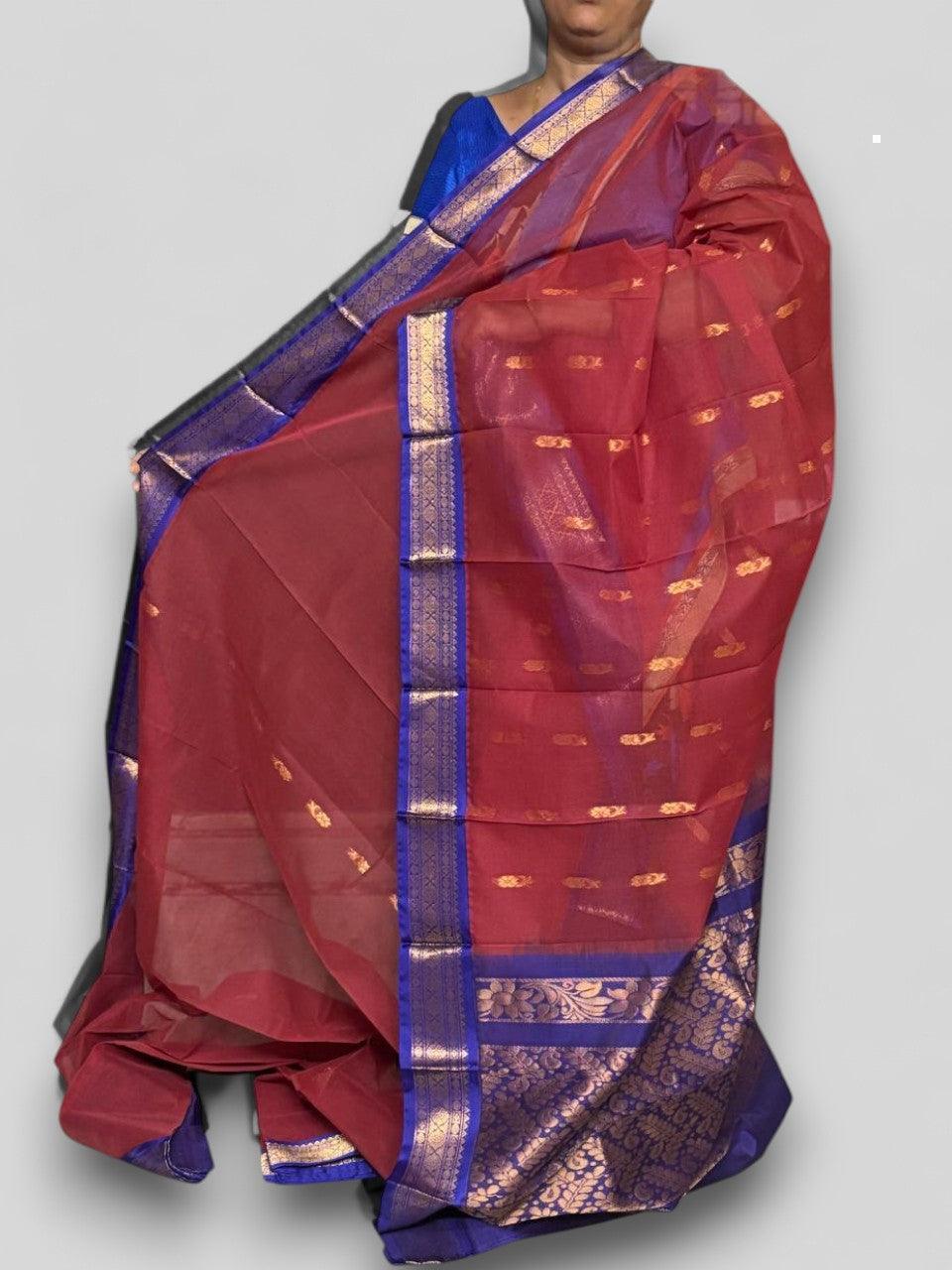 Pure Gadwal Cotton Sari Red Blue - pochampallysarees.com