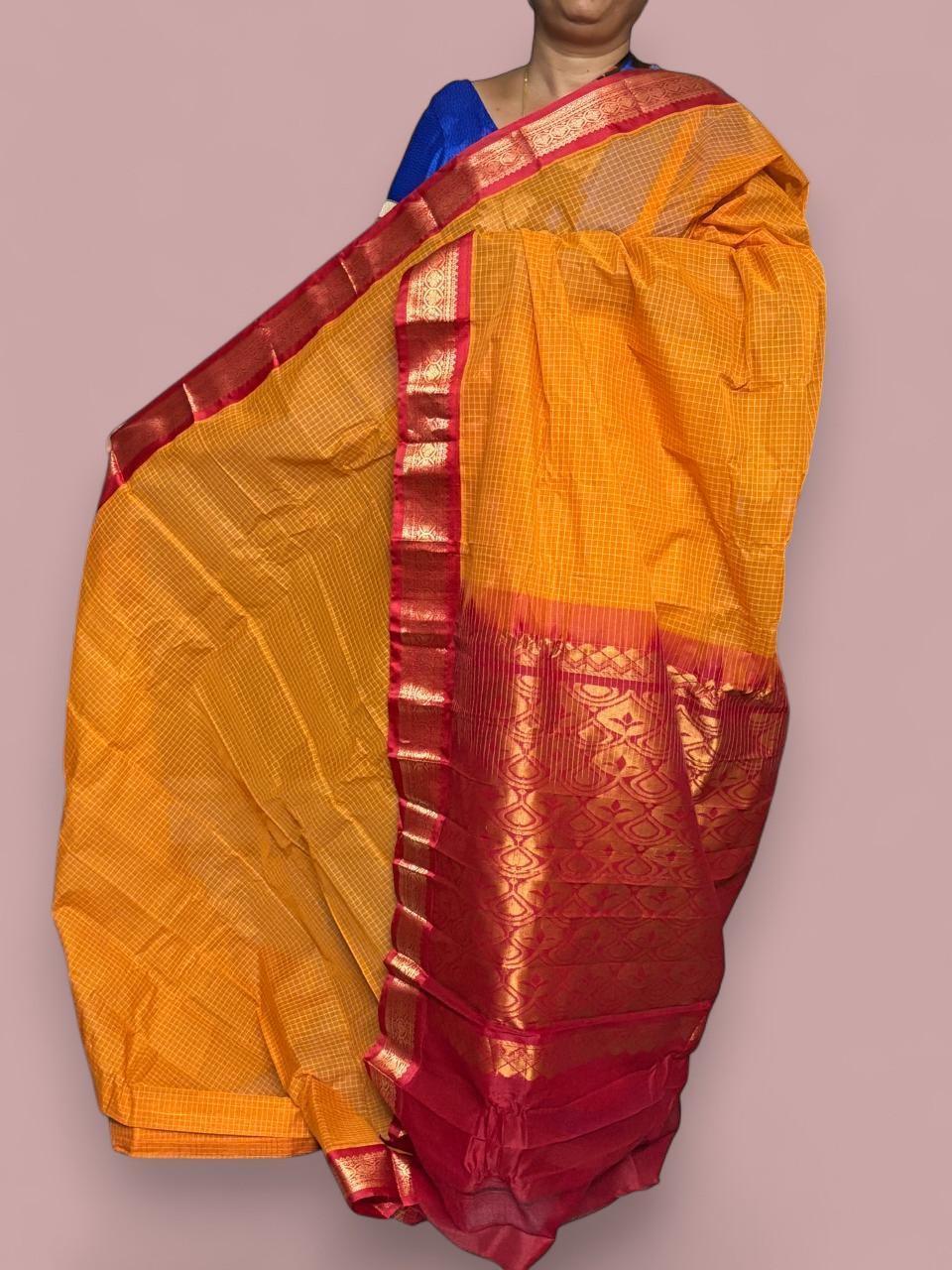 Pure Gadwal Cotton Sari Yellow Red Online In Hyderabad - pochampallysarees.com