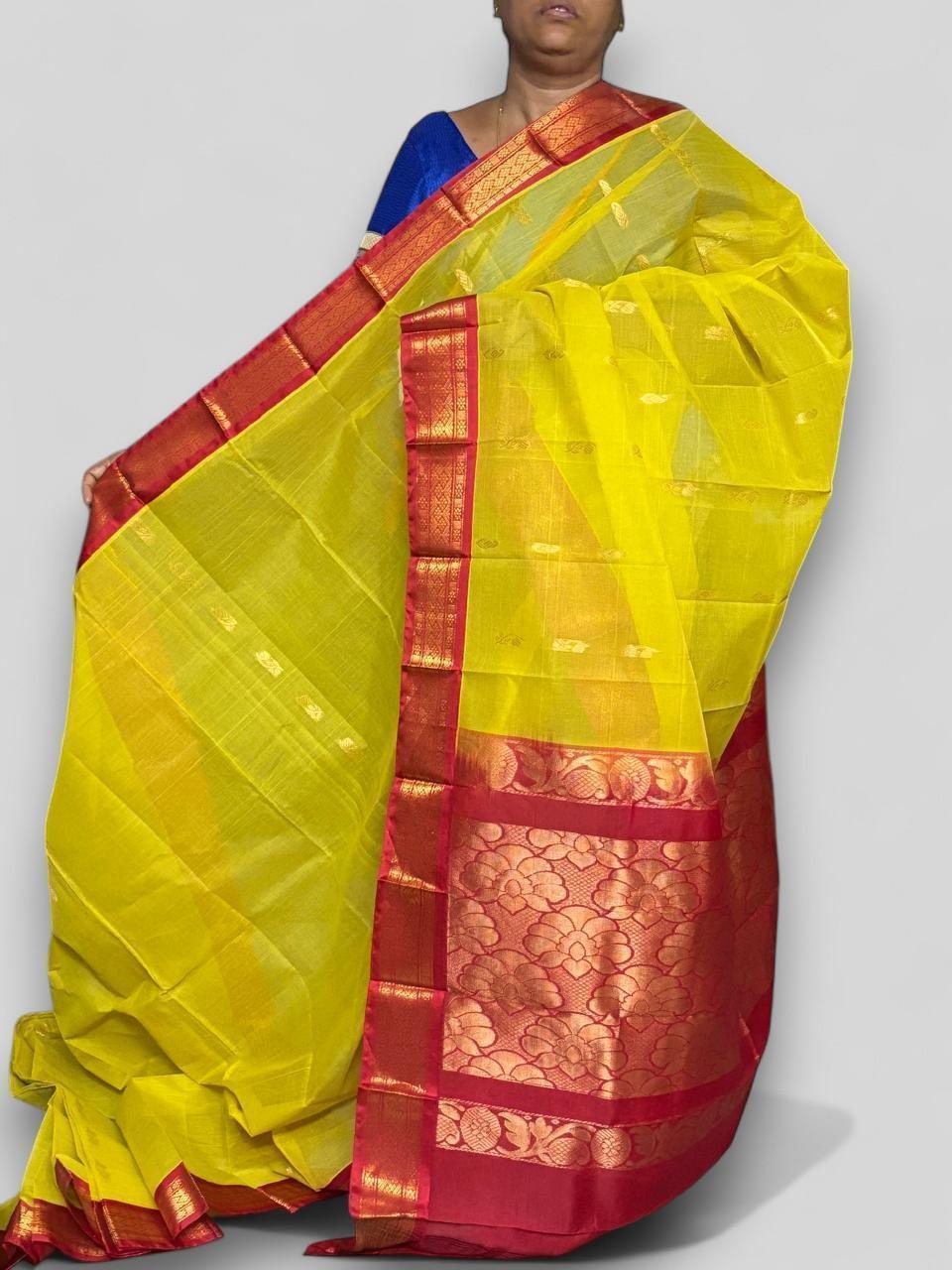 Pure Gadwal Cotton Sari Yellow Red - pochampallysarees.com