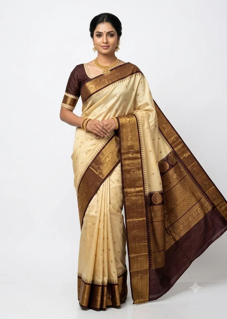 Beautiful Indian woman wearing a traditional cream and chocolate brown pure Gadwal silk saree with golden zari border against a white background.