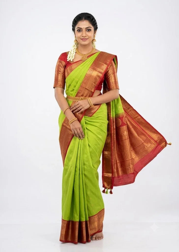 Model wearing Pure Gadwal Silk Handloom Saree in Lime Green with Maroon Zari Border