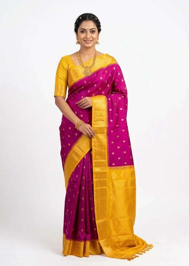 Model posing in a handwoven magenta and mustard yellow pure Gadwal silk saree with a traditional gold zari border.
