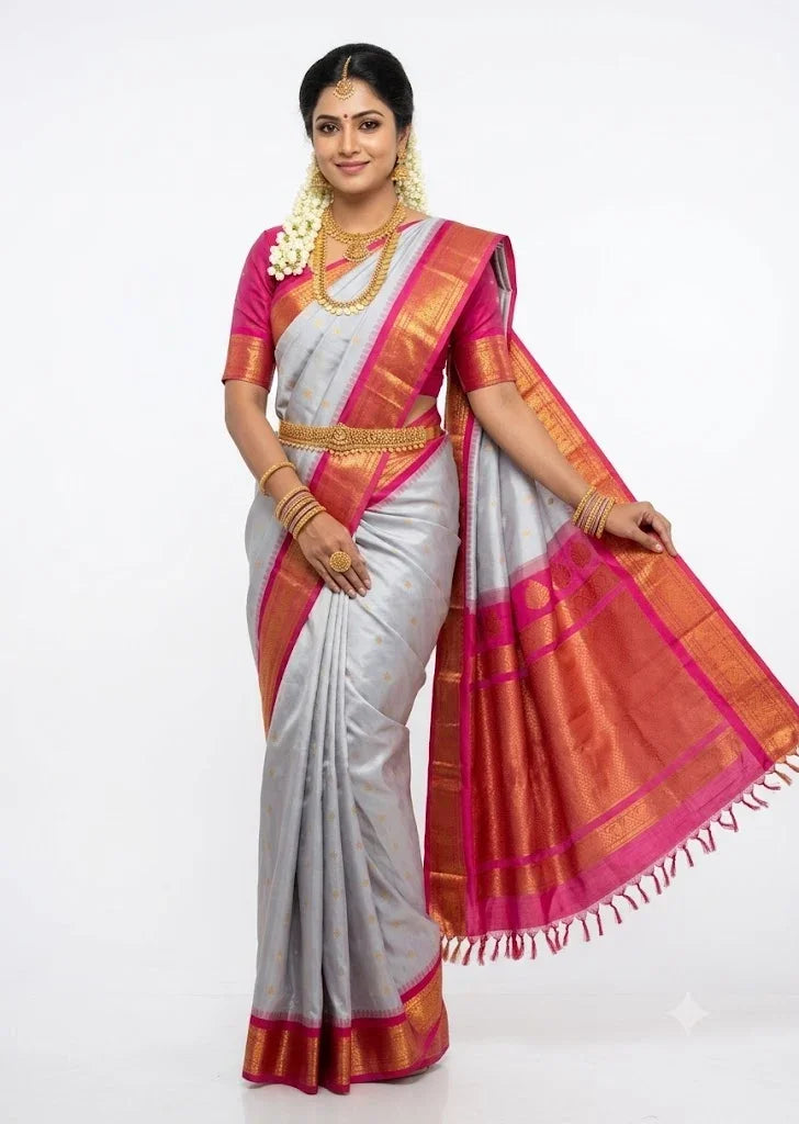 A traditional Indian model standing against a full white backdrop, wearing a premium silvery grey pure Gadwal silk saree with a vibrant deep pink and gold zari border,