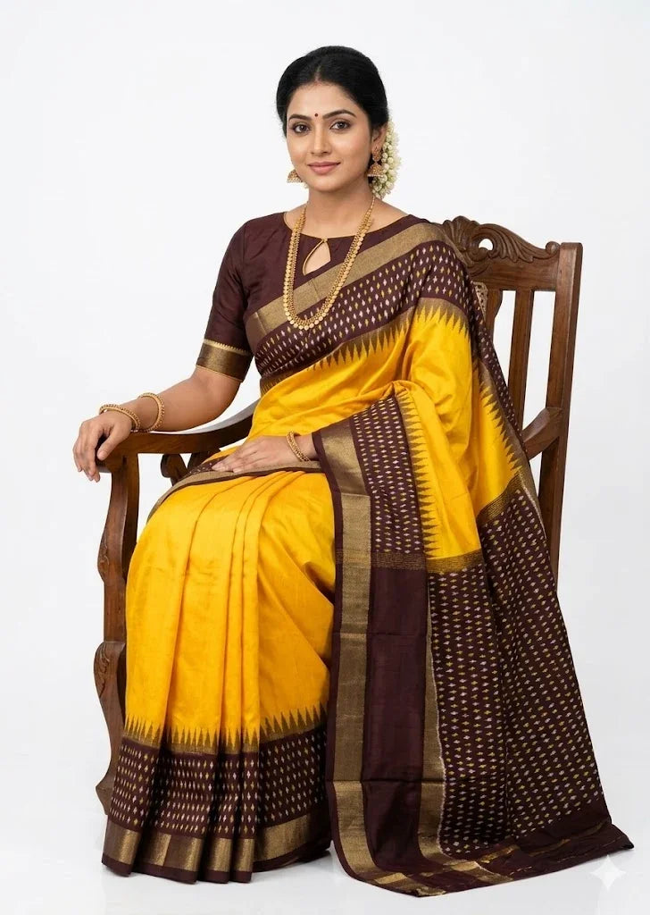 Beautiful Indian woman standing next to a wooden chair on a white backdrop, elegantly draped in a yellow traditional Pure Ikkat Silk saree with a chocolate brown border, pallu, and matching blouse.