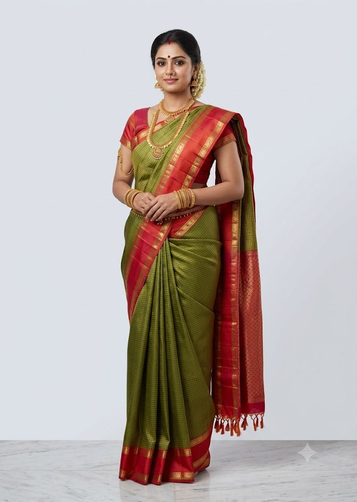 Traditional woman modeling a pure Kanchipuram silk saree in olive green with a rich crimson red gold zari border and brocade pallu with Silk Mark certification.