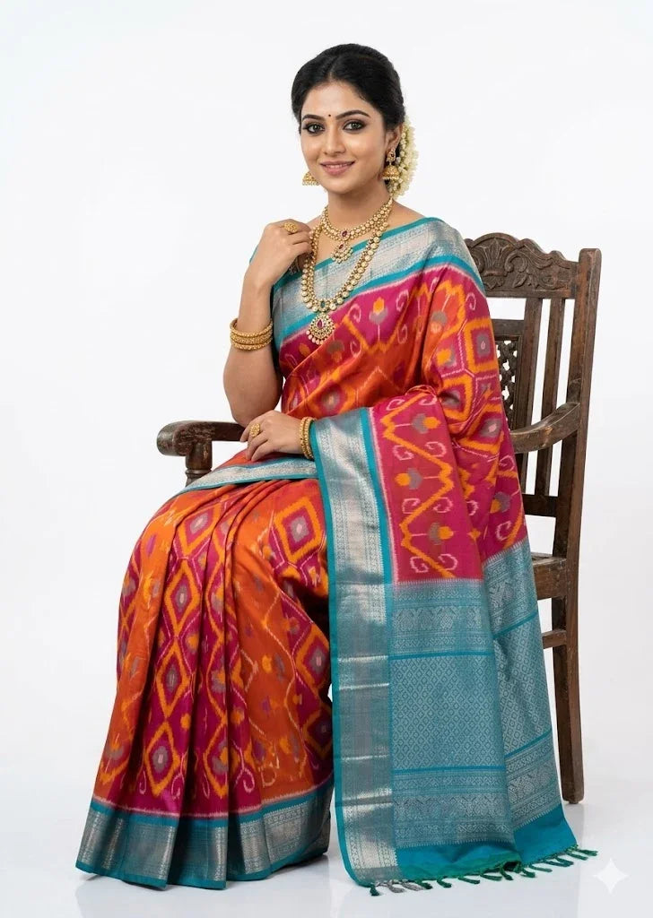 A beautiful Indian woman sitting on a classic wooden chair, showcasing a traditional orange Kanchi Soft Silk Ikat saree featuring a contrasting blue zari border on a clean white background.