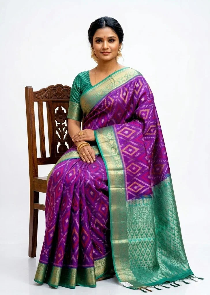 Model sitting on a wooden chair showcasing a traditional purple Kanchi Soft Silk Ikat saree with a contrasting Rama Green border and matching blouse on a solid white background.