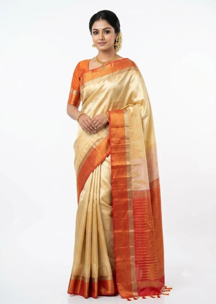 Cream and orange authentic pure Kanchi soft silk handloom saree with gold zari border