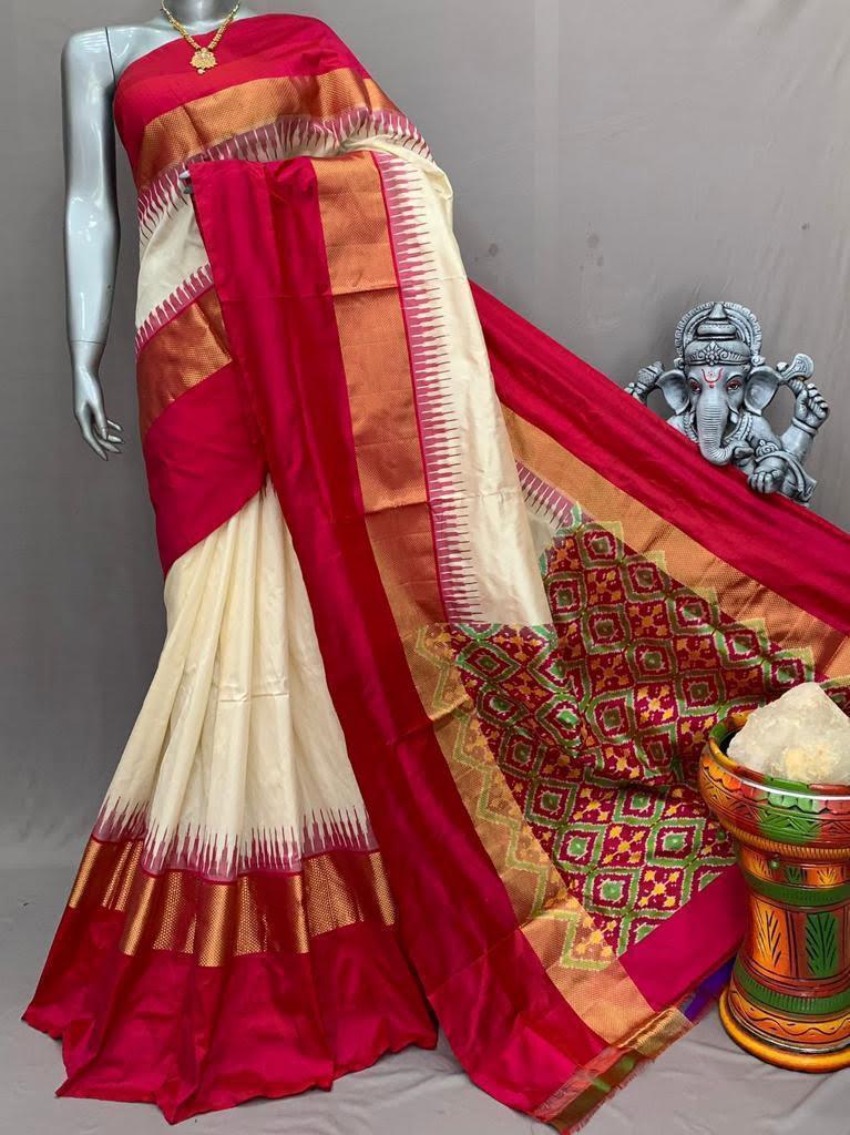 Pure Pochampally Ikat Silk Cream Red - pochampallysarees.com