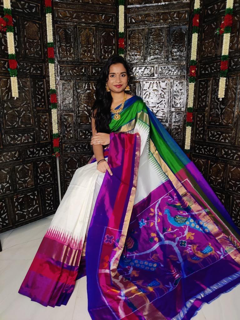 Pure Pochampally Ikat Silk Saree cream purple - pochampallysarees.com