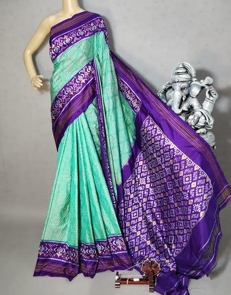 Pure Pochampally Ikat Silk Seagreen Purple - pochampallysarees.com