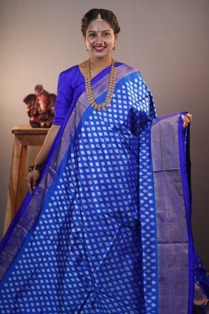 Pure Pochampally Ikkat Silk Blue Color - pochampallysarees.com