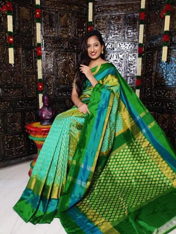 Pure Pochampally Ikkat Silk Blue Green - pochampallysarees.com