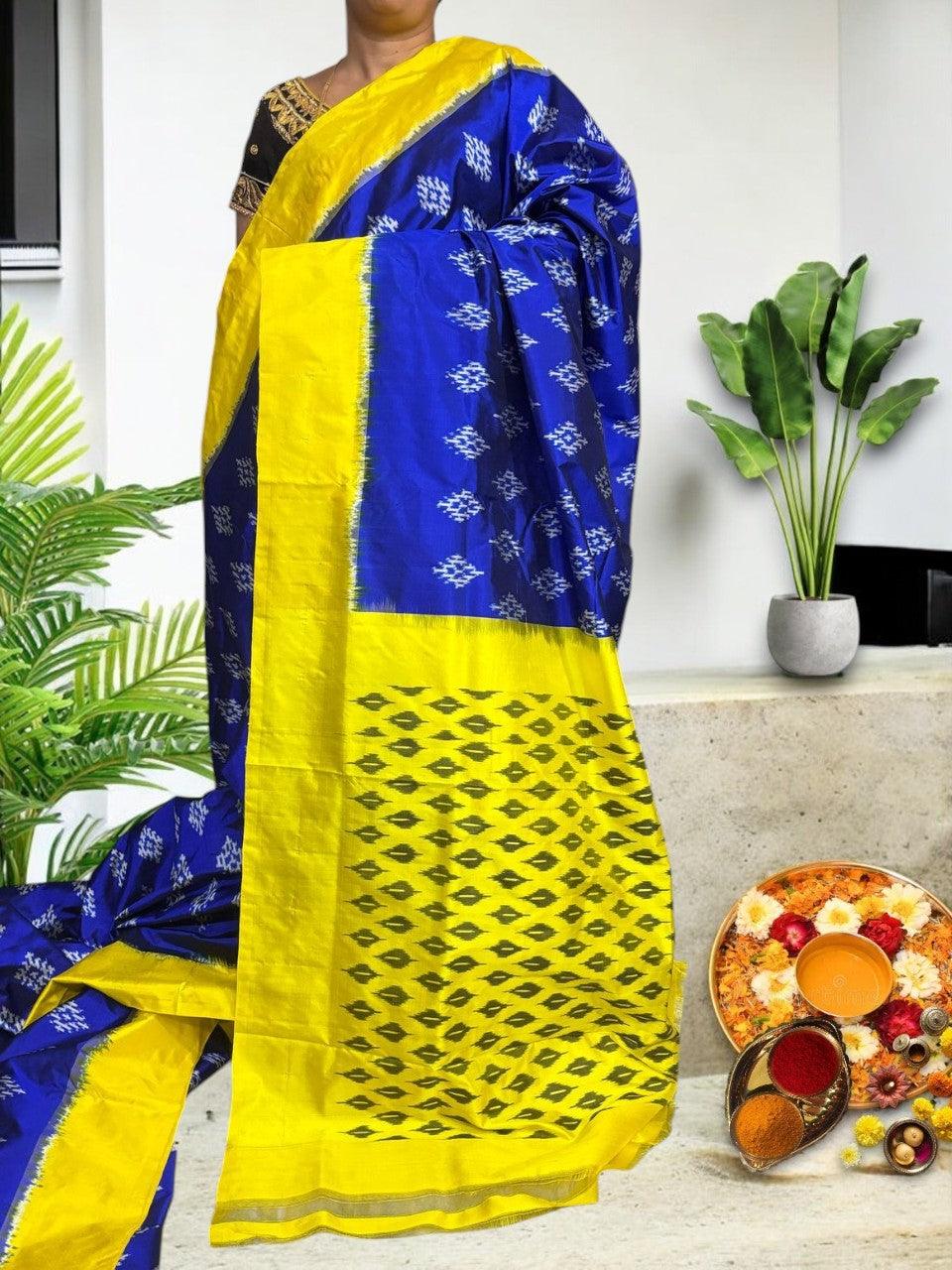 Pure Pochampally Ikkat Silk Blue Yellow Sari - pochampallysarees.com
